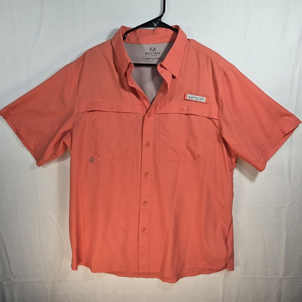 Realtree Men's Fishing Shirt Salmon Polyester Short Sleeve Vented Large